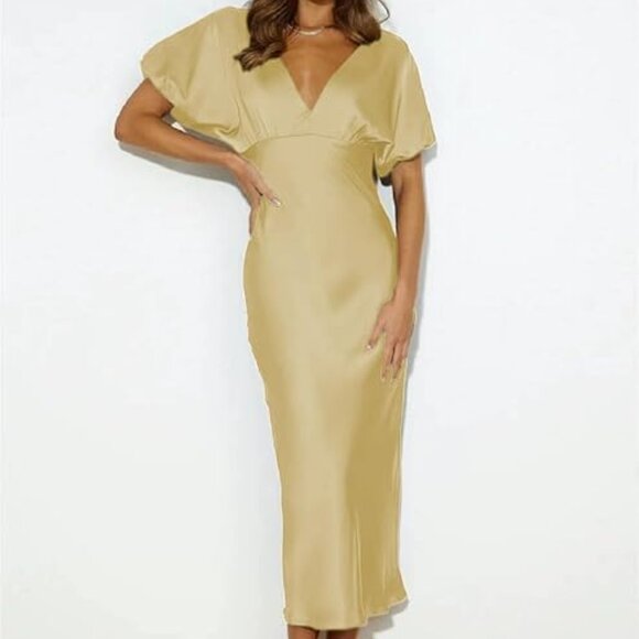 Lopath Yellow Satin Open Back Puff Sleeve Party Wedding Guest Formal Midi Dress - Picture 2 of 6